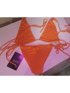 NAKED WARDROBE ORANGE 🧡 2 PIECE BIKINI SWIMSUIT TRIANGLE TOP & BOTTOM XL NWOT